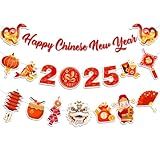 Happy Chinese New Year Banner- 3 Pcs 2025 Lunar New Year Banners, 2025 Chinese New Year Party Supplies, Year of The Snake Hanging Wall Decor for New Year Eve Party Photo Background Decoration