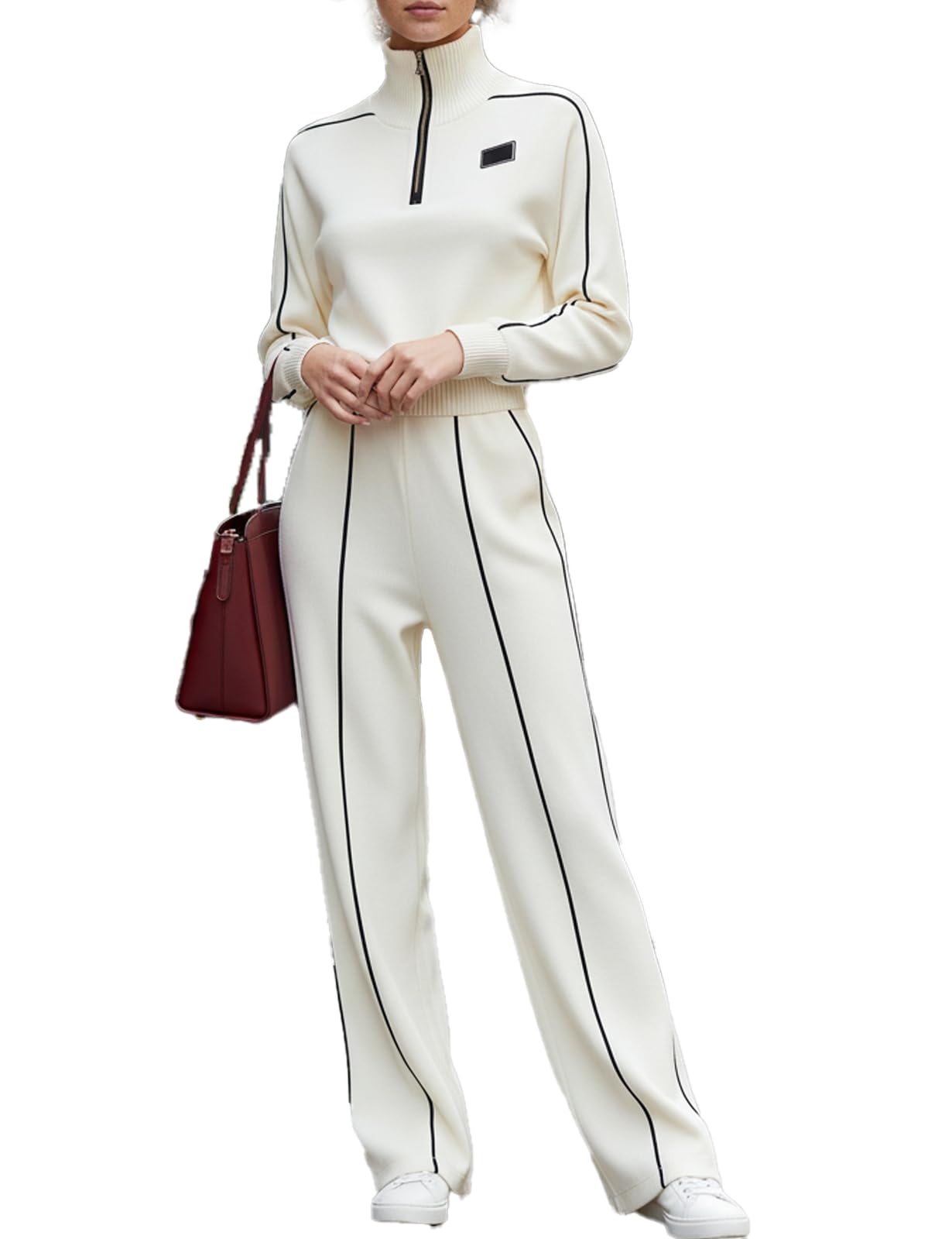 Womens Ribbed Black Trim Zipper Half Turtleneck Sports Set Long Sleeve Activewear Two-Piece Outfit Workouts Casual