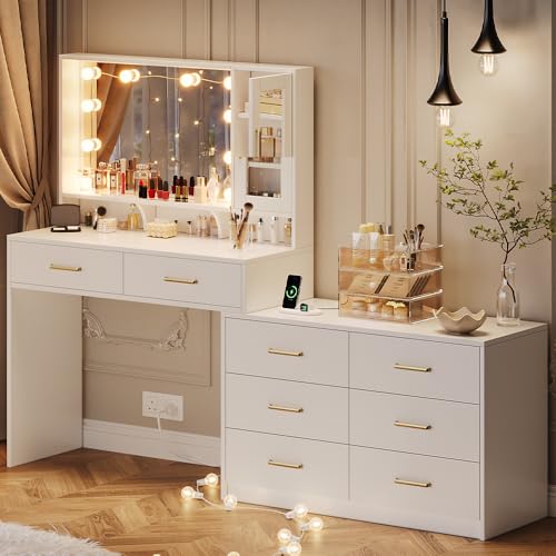 UGTOO Makeup Vanity Desk with Mirror and Lights, 59 Makeup Desk with Drawers & Cabinet & Dresser, Large Vanity Table with 8 Drawers, Vanity Desk with Large Mirror and 3-Color Lights for Girls
