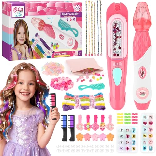 JONRRYIN Hair Bedazzler Kit 3-in-1 Automatic Haarflechtmaschine mit Haarperlen Glitzersteine Haare Maschine mit Hair Gems Haarschmuck Mädchen Set 3 Haarkreide Kamm Auswaschbare Geschenk Mädchen