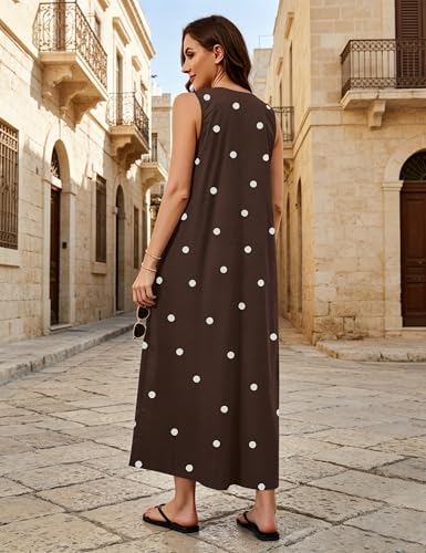 Image of Women Flowy Maxi Dress Ruched Sleeveless Long Dress Vacation Fashion Summer Casual Loose Fit Sundress with Pockets