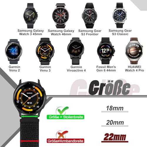 22mm Nylon Armband Kompatibel mit Samsung Galaxy Watch 3 45 mm/Galaxy Watch 46 mm/Gear S3 Frontier/Classic/Garmin Venu 3/Venu 2/Vivoactive 4/Fossil Gen 6 44 mm Sport Uhrenarmband Damen Herren – Bild 6