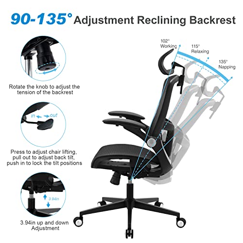 Office Chair, Ergonomic Mesh Desk Chair, High Back Home Office Desk Chairs With Adjustable Headrest & Seat Height, Flip-Up Arms, Tilt Function, And Lumbar Support, Swivel Computer Task Chair #TOP4