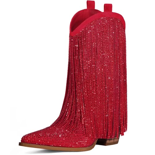 Image of Cowboy Boots for Women - Cowgirl Western Rhinestone Sparkly Fringe Chunky Heel Pointed Toe Mid Calf Boots