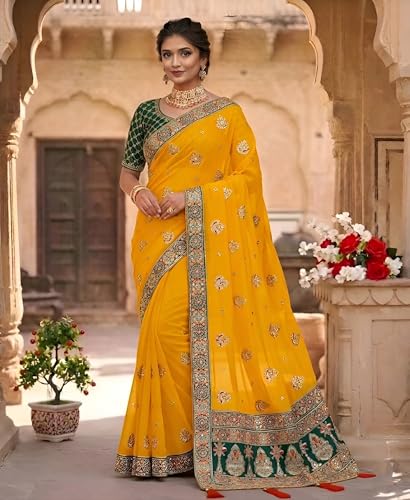 Image of Women's Bollywood Heavy Sequins Embroidery Work Georgette Saree with Unstitched Blouse