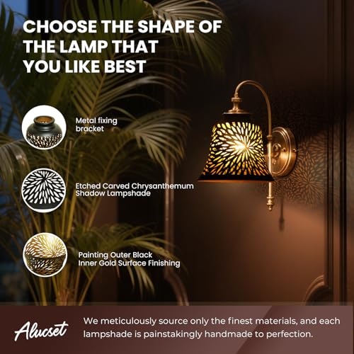 Image of Lampshade 4 Pack, ALUCSET Pendant Light Shades, Ceiling Fan Replacements Light Shade with 2.28 inch Fitter, 5.12 inch High 6 inch Diameter,Metal Daisy Etched Light Covers for Chandelier,Wall Sconces,Black Gold