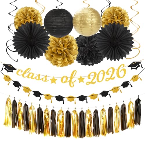 Image of Black Gold Graduation Party-Decorations Garland - 36pcs Congrats Grad Class 2026 Banner,Hat Hanging Streamers,College High School Congratulations Master Celebration Classroom Backdrop Decor Burgleda