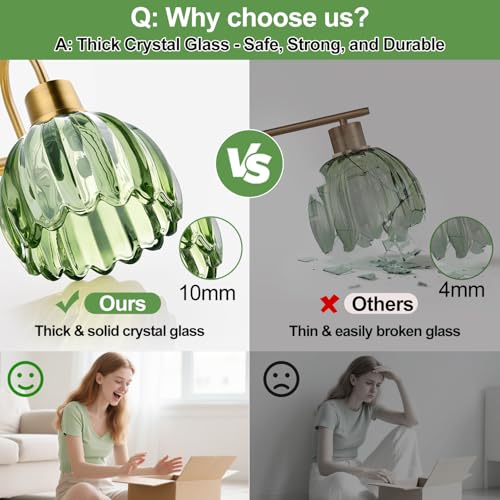 Image of 2-Pack Brushed Gold Bathroom Vanity Light, Single-Head Wall Sconce with Ribbed Green Tulip Glass Shade, Vintage Bathroom Light Fixtures for Bedroom, Hallway & Bedside (Bulbs Not Included)