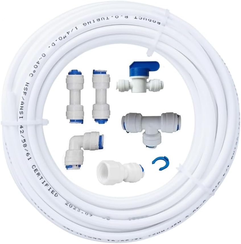 Ice MakerWater Line Kit, 8pc, 25FT 1/4" OD Water line and Quick Fittings - Reverse Osmosis Water Filtration System Kit