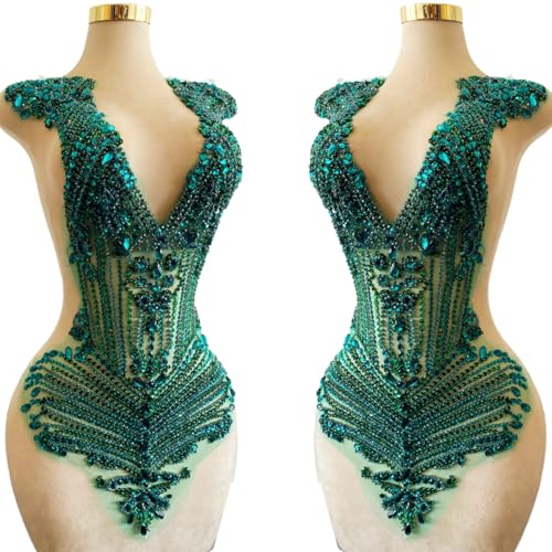 100% Handmade Rhinestones Applique on White net sew on Beads Crystal Patches Accessory for Dress Clothes (Deepgreen 2)