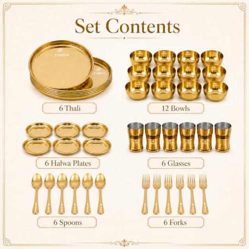 Image of 42 Pcs Stainless Steel Dinner Set Gold PVD with 6 Thali 12 Bowls 6 Halwa Plates 6 Glasses 6 Spoons 6 Forks for Home Dining and Gifting