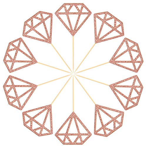 Topoox 50 Pack Rose Gold Glitter Diamond Donut Ring Cupcake Topper Picks for Engagement Bridal Shower Party Cake Decorations