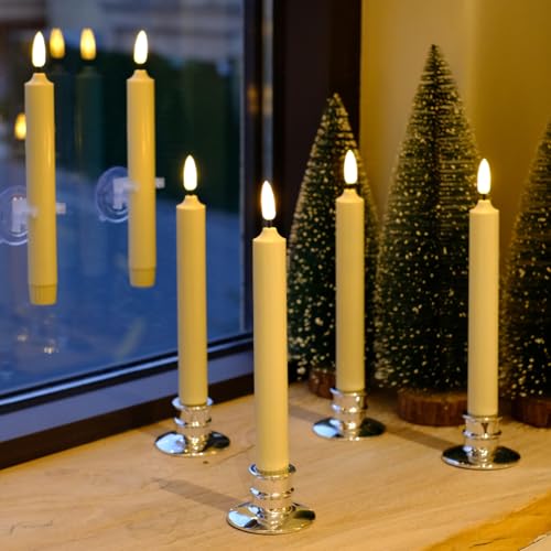 Image of 6PACK Flameless Battery Powered 8'' Ivory Taper Windows Candles, Include 12 AA Batteries, with Remote and Timer, with Suction Cup and Removable Silver Candleholders, Remote Included, Patented