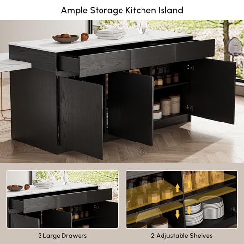 homary 81\'\'-106\'\' Extendable Kitchen Island with Sintered Stone Top, Storage Drawers & Doors (Right-Hand Facing,Engineered Wood, Black) - Thumbnail 4