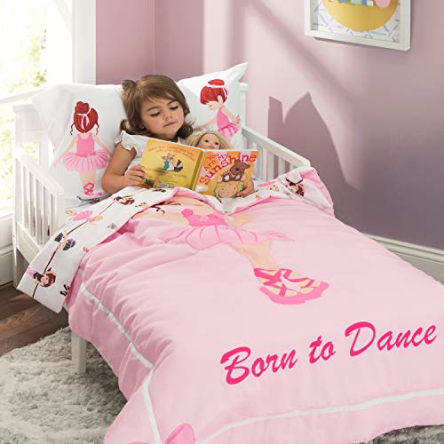 Image of EVERYDAY KIDS 4 Piece Toddler Bedding Set -Born to Dance Ballerina- Includes Comforter, Flat Sheet, Fitted Sheet and Reversible Pillowcase
