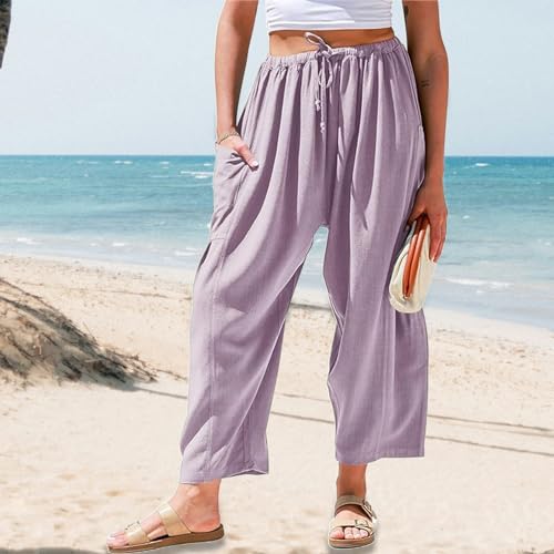 Kubbon Womens Linen Wide Leg Pants Casual Loose Drawstring Palazzo Pants Casual Wide Leg Elastic Waist Trousers Beach Pants4