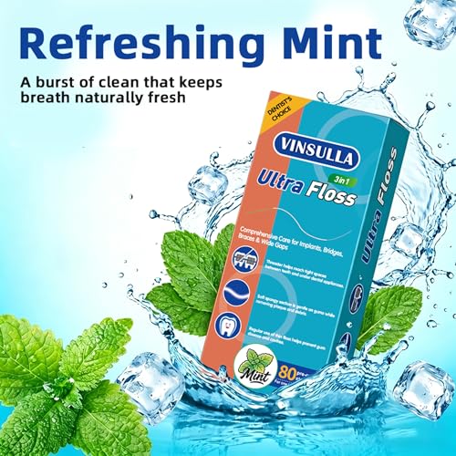 Image of VINSULLA 3-in-1 Orthodontic Dental Floss for Braces & Implants | Built-in Threader, Spongy & Regular Floss, PFAS & PTFE-Free, Mint, 240 Pre-Cut (3 Pack)