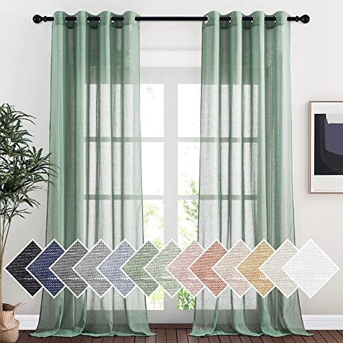 NICETOWN Linen Curtains Flax Sheer Texture for Living Room, Grommet Semi Sheer Vertical Drapes Privacy with Light Filter for Home Office/Farm House, W52 x L96, Olive Green, 1 Pair