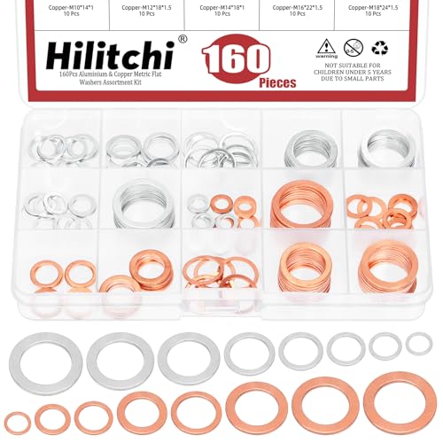 Image of Hilitchi 160Pcs 16 Sizes Oil Drain Plug Gasket Assortment, M6 M8 M10 M12 M14 M16 M18 M20 Oil Crush Washers Sealing Washers Aluminum Copper Flat Washers for Most Automotive