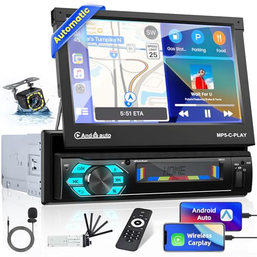 Hikity Autoradio Bluetooth 1 Din Automatique Retractable Pliant avec Carplay Android Auto,7'' Motorisé et Extensible Écran Poste Radio Voiture avec Bluetooth...