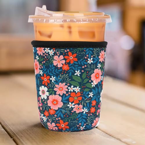 Image of Reusable 3-Pack Iced Coffee Cup Sleeve, Insulated Neoprene, Beverage Holder for Iced Coffee, Durable Drink Sleeve for Cold Beverages, Bloom Garden