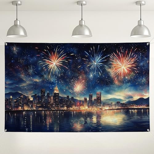 Sfondo con skyline della città e fuochi dartificio decorazione festiva con cielo notturno per celebrazioni sfondo fotografico con paesaggio urbano vivace per Capodanno e eventi del giorno