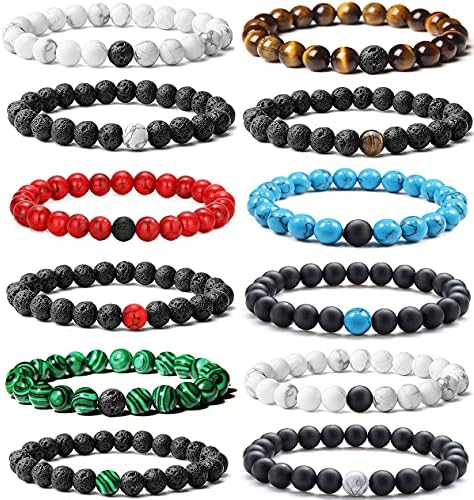 Jewdreamer 12Pcs Distance Relationship Bracelets 8mm Lava Rock Stone Beaded Bracelet for Men Women Stretch Yoga Healing Anxiety Bracelet Aromatherapy Essential Oil Diffuser Couple Bracelet Set