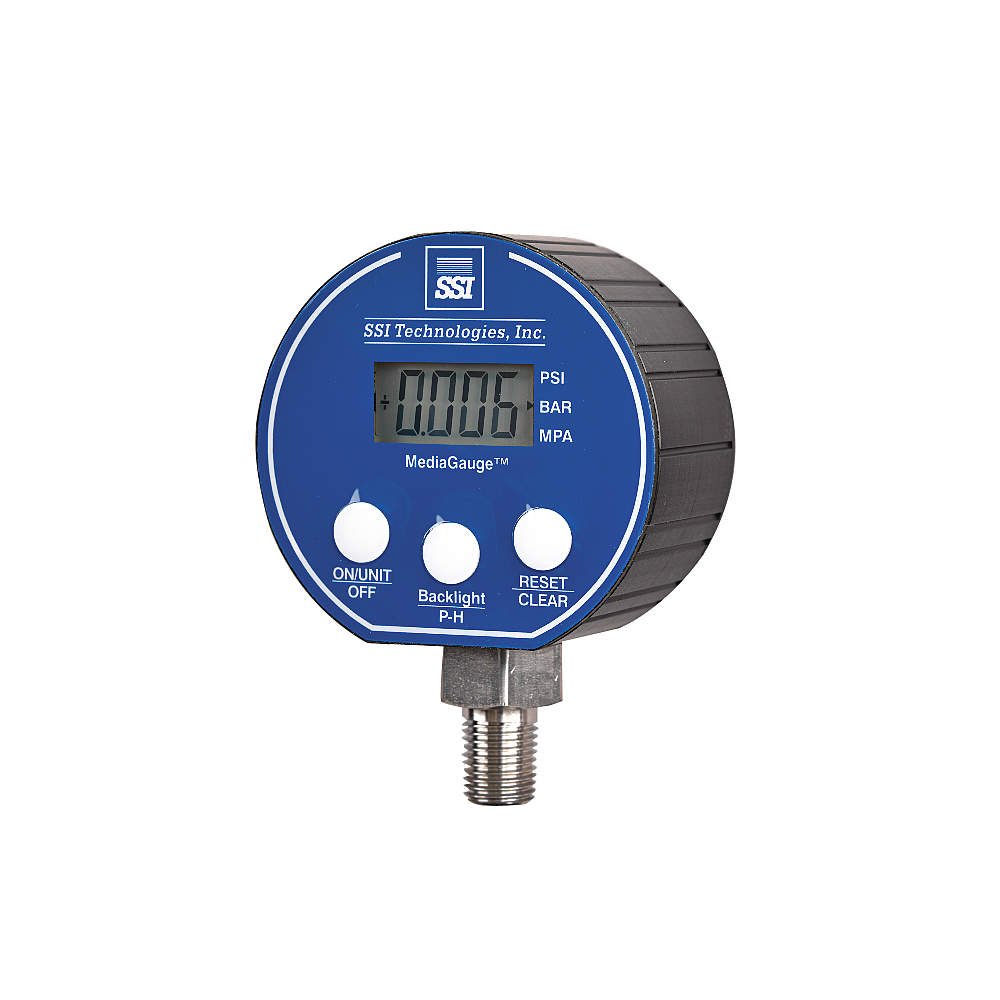 SSI MG-9V Series Media Gauge Digital Pressure Gauge Sensor with LCD Display, 100psig Operating Pressure, 9V, +/- 0.25% Accuracy, 1/4-18" NPT Male Process Connector Type