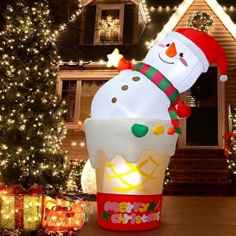 Hanayard 6 FT Christmas Inflatables Snowman Outdoor Decorations, Blow Up Christmas Ice Cream Snowman Decor with Built-in Bright LED Light, Holiday Indoor Outdoor Party Garden Yard Decoration Cover