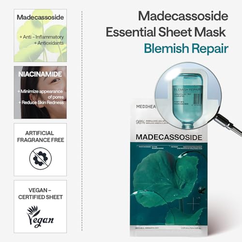 Image of MEDIHEAL Madecassoside Essential Mask Blemish Repair (1 Sheet) Korean Sheet Mask with 98% Purity Madecassoside & Hyaluronic Acid, Redness Relief, Skin Barrier Repair, Deep Hydration, Improves Skin Texture, Vegan Soothing Facial Mask