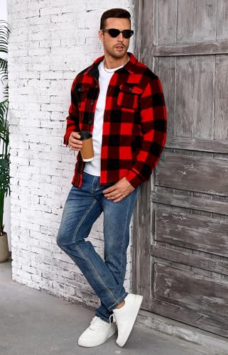 Puhope Herren Polarfleece-Hemdjacke mit Sherpa-Futter, dicke Button-Down-Jacke mit mehreren Taschen, Rot/Schwarz, 3XL