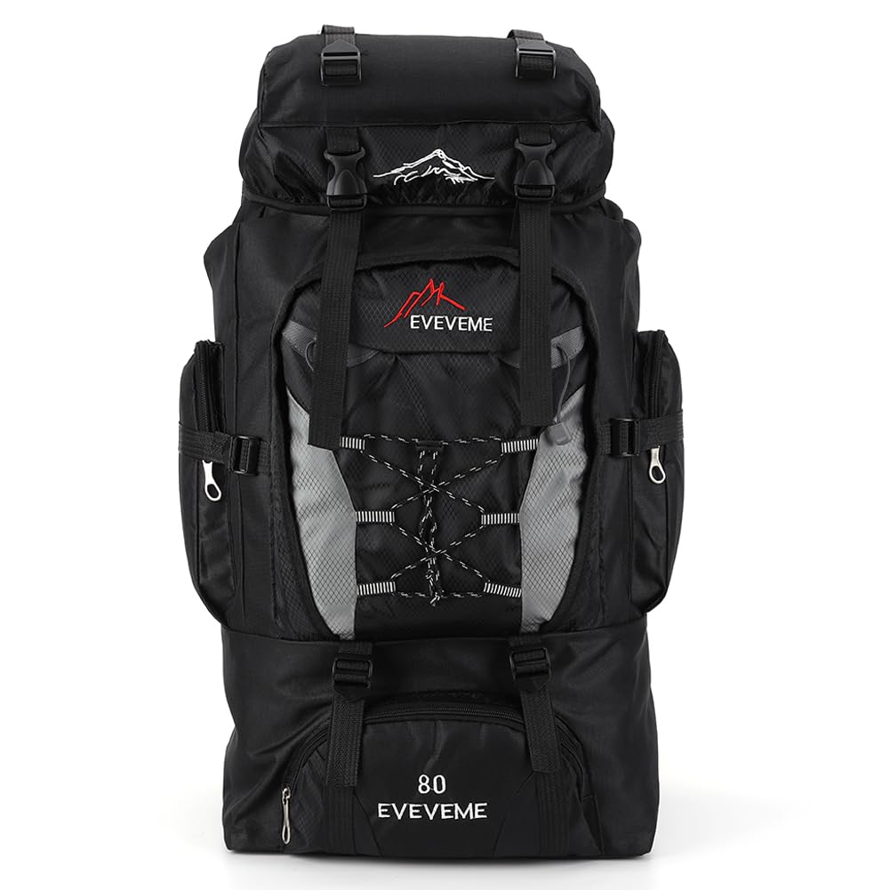 Htu Unisex Black 80L Mountaineering Backpack Large Capacity Climbing Backpack Adjustable Strap Mountain Climbing Rucksack For Outdoor Sports