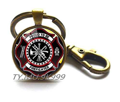 Preisvergleich Produktbild Y199 Schlüsselanhänger mit Feuerwehr-Motiv, lang, Schwarz beschichtet, Feuerwehr-Schmuck, Glas-Schlüsselanhänger.