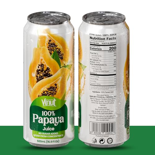 Image of VINUT 100% Papaya Juice, No Added Sugar, Not From Concentrate, 16.9 fl oz (500 mL) Can, Pack of 24