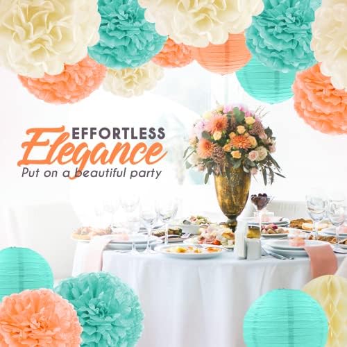 EpiqueOne 22-Piece Tissue Paper Pom Poms Party Set - Mint, Ivory & Peach | Includes 12 Pom Poms, 6 Paper Lanterns, 3 Honeycomb Balls & 1 6.5 ft. Garland | For Birthdays, Bridal or Baby Showers & More