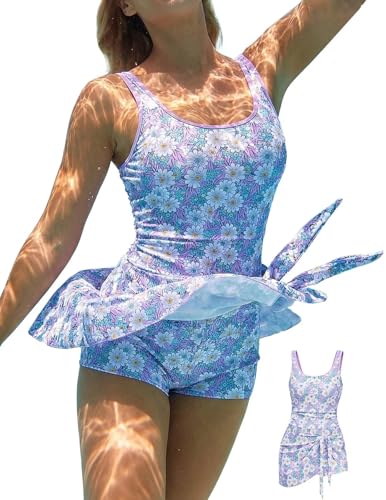 One Piece Swimdress for Women Tummy Control Bathing Suit with Shorts Skirt Modest Swimsuit for Beach Vacation Perfect Match for Sun Hats & Cover Ups Light Purple