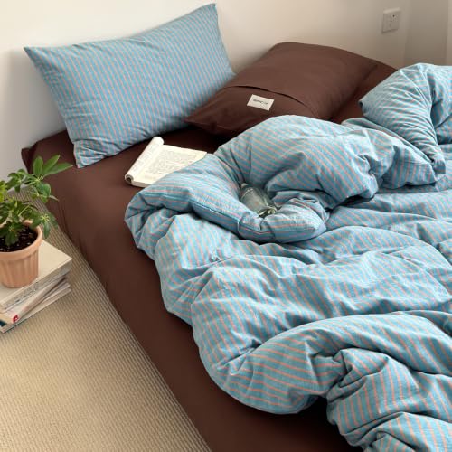 Image of Striped Duvet Cover Set Washed Cotton,Queen(90 inchx90 inch),Pinstripes Blue