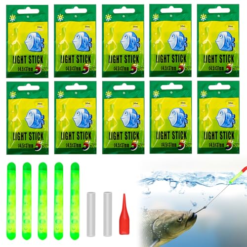 SHOWHEEL 50 Pezzi Bastoni di Light di Pesca,Luce Fluorescente Pesca,4,5 x 37 mm Glow Stick Pesca,Bastone Luminoso da Pesca,Attrezzi da Pesca Notturna Bastone,Starlight Pesca Notturna