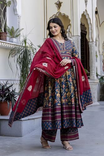 Image of Pistaa's Women's Pure Cotton Anarkali Floral Printed Kurta with Palazzo & Dupatta Set