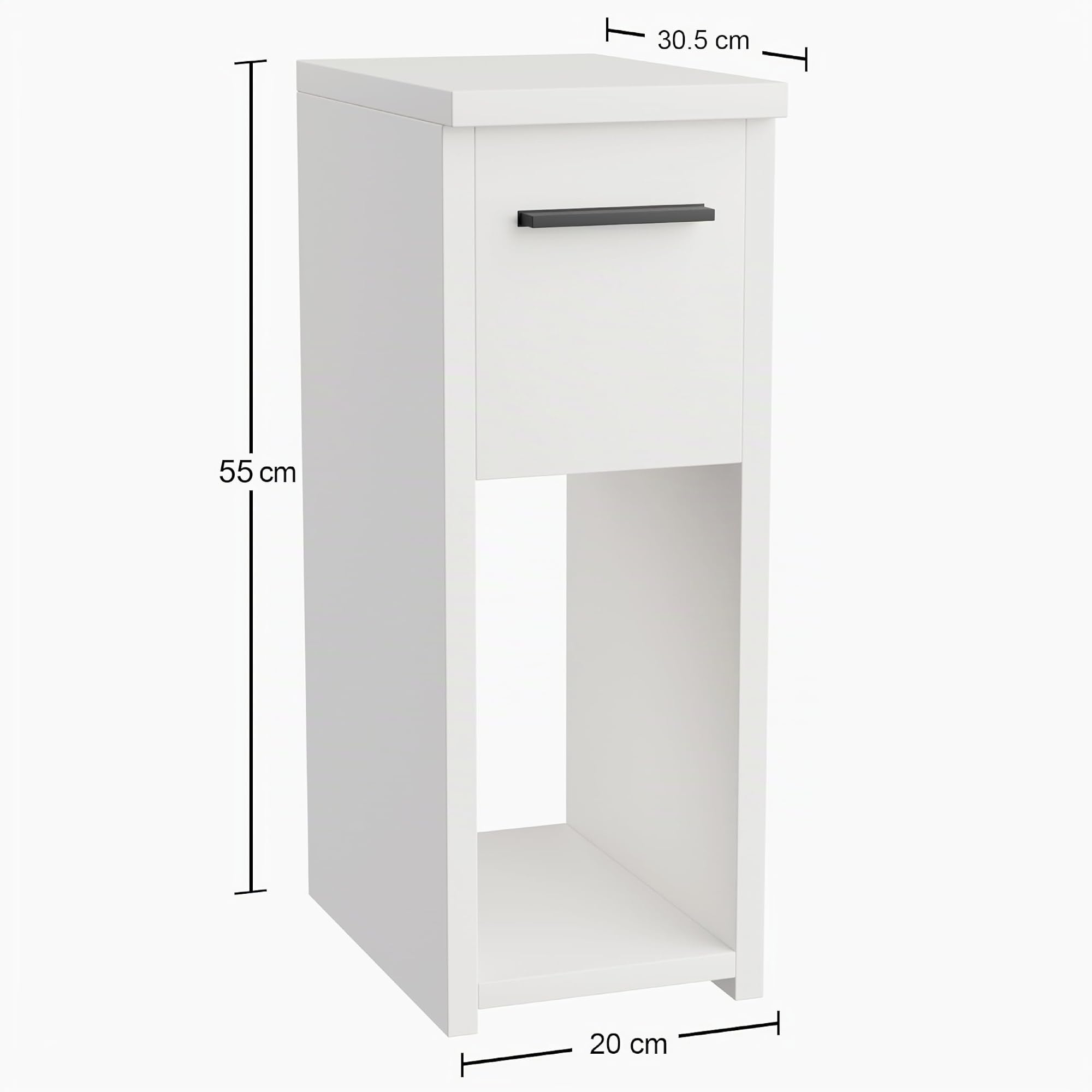 Nachttisch, Nachtschrank, B20 x H55 x T30,5 cm, Weiß | Nachtkästchen, Schmaler Nachttisch, Schlanker Beistelltisch mit Ablagefach und Griff