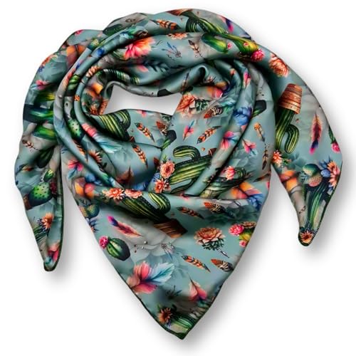 Wild Rag Silk Scarf 36'', Western Cowboy Bandana Square Silky Wild Rags Mint Water Color Cactus Tribal Scarves for Men & Women