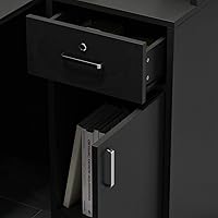 Vista 3 de Escritorio de recepción en forma de L mostrador con estantes cajones negro moderno contemporáneo escandinavo en forma de L MDF mate teclado bandeja