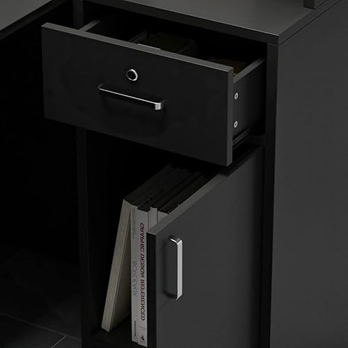 Miniatura 3 de Escritorio de recepción en forma de L mostrador con estantes cajones negro moderno contemporáneo escandinavo en forma de L MDF mate teclado bandeja