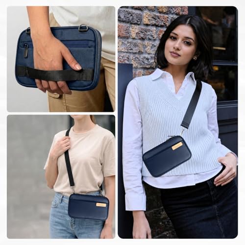 Image of Travel Passport Holder Cover with Shoulder Strap | Compact Organizer Bag for Document, Passport, Cards, Boarding Pass, Cash, Cheque Book & Keys for Men and Women (Blue)