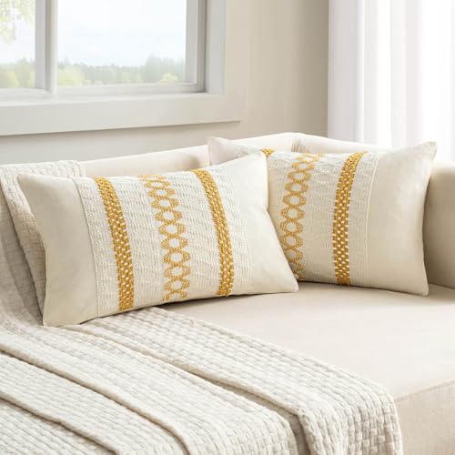 Image of MIULEE Set of 2 Mustard Yellow Decorative Lumbar Pillow Covers 12x20 Inch | Boho Farmhouse Couch Throw Pillows Modern Cotton Cushion Covers Macrame Woven Spring Decor for Bed Sofa Chair