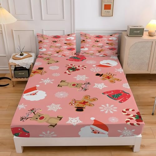 サンタクロースシーツシングル雪の結晶ベッドカバー柔らかい通気性マイクロファイバー 3点セット防ダニ高反発 吸水 速乾 抗菌 防臭 防ダニと 2 枕カバー43x63 cm着脱簡単 丸洗い可能 マットレスカバー100x200x30 cm