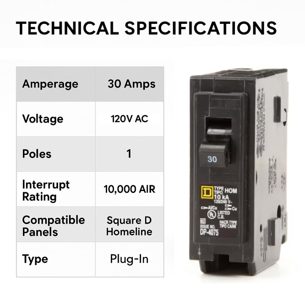 Genuine Square D Homeline 30 Amp Circuit Breaker Kit (1 Pack), HOM130 Single Pole (1-Pole), 30A 120V, 10kAIC, UL Listed, Plug-in Standard for Load Center Panel Box, New Replacement