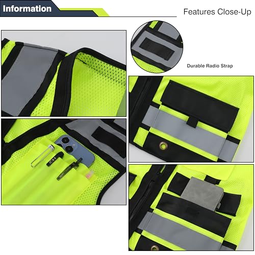 Image of Gasoline Class 2 High Visibility Reflective Safety Vests Women & Men | With 15 Pockets And Zipper Front,Meets Ansi /Isea Standards