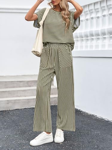 Image of Tankaneo Womens Striped 2 Piece Sets Short Sleeve T Shirts Wide Leg Pants Matching Lounge Set with Pockets