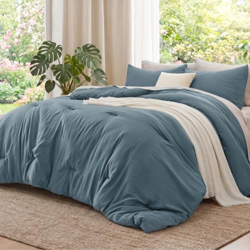 Image of Bedsure Super King Plus Comforter Set, Slate Blue Soft Prewashed Bedding for All Seasons, 3 Pieces GentleSoft Bed Set, 1 Lightweight Comforter (128 inchx120 inch) and 2 Pillowcases (20 inchx36 inch)